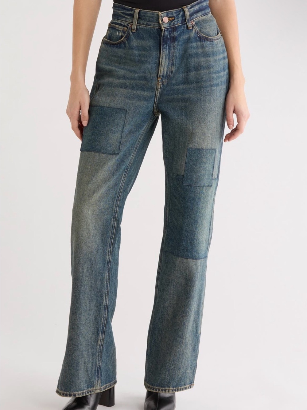 Good American Distressed Blue Patchwork Wide-Leg Jeans